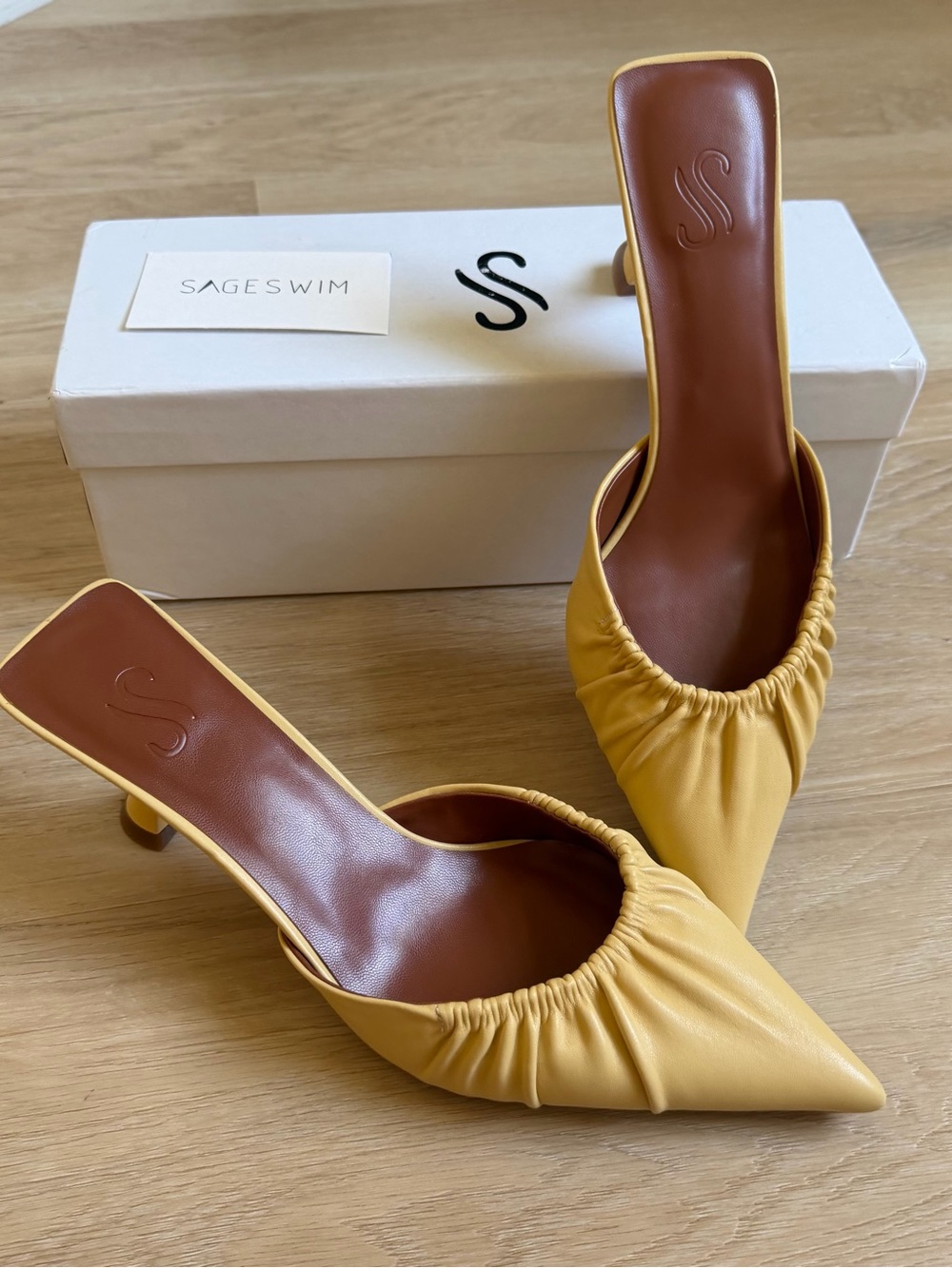 Sage Swim Nute Mules Yellow Leather Ruched Pointed Flared Heel - US 8.5-9/ EU 39